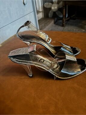 Onex Silver Clear Strap Heels with Rhinestone Detail